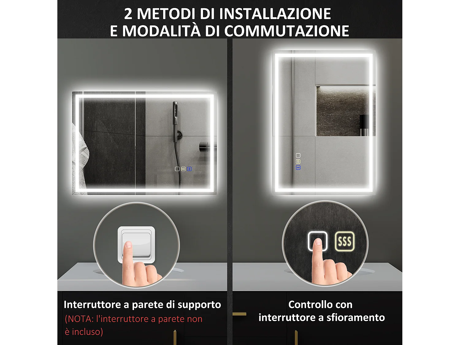 Specchio bagno antiappannante con led e speaker bluetooth 80x100cm