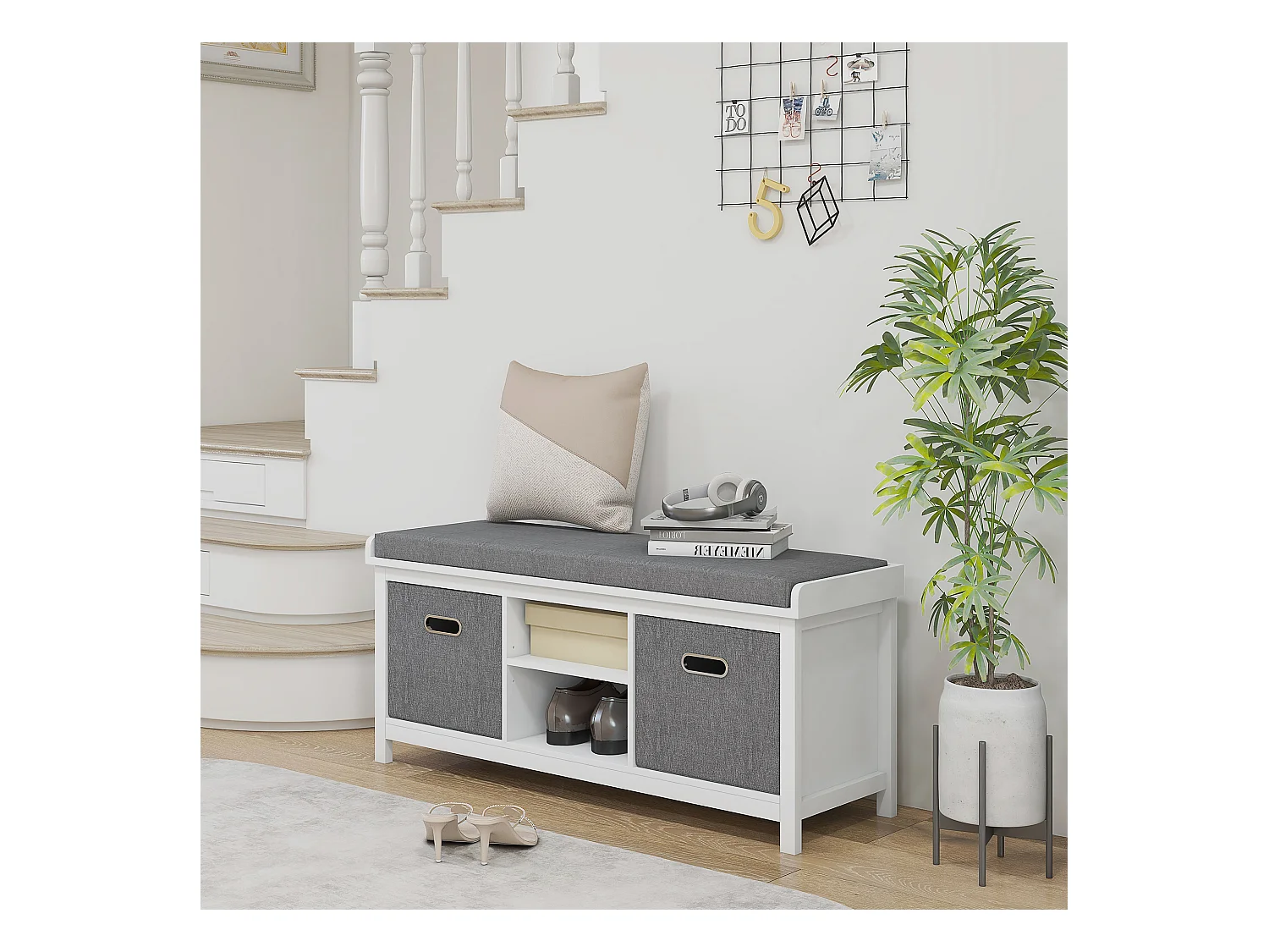 Panca scarpiera con ripiano regolabile a 3 livelli e 2 cassetti