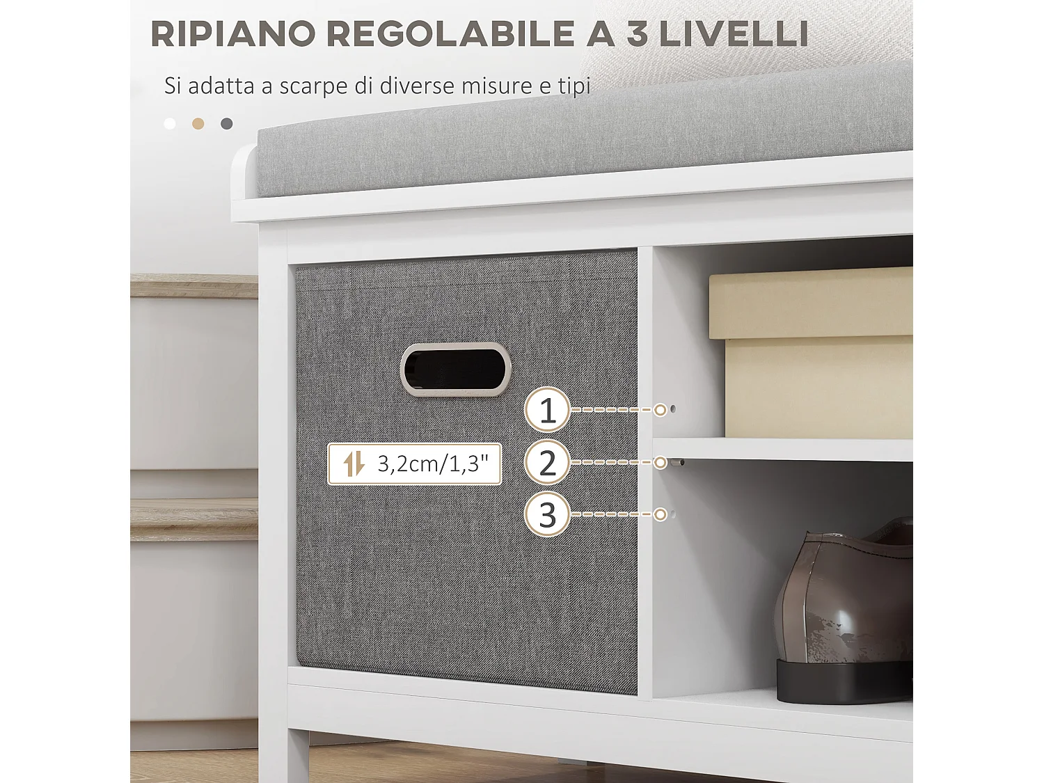 Panca scarpiera con ripiano regolabile a 3 livelli e 2 cassetti