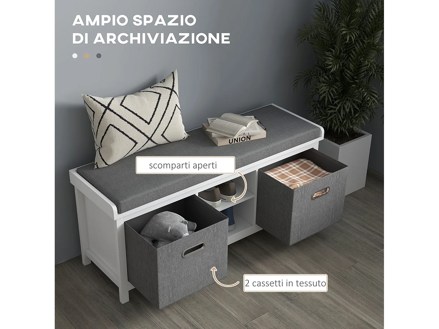 Panca scarpiera con ripiano regolabile a 3 livelli e 2 cassetti