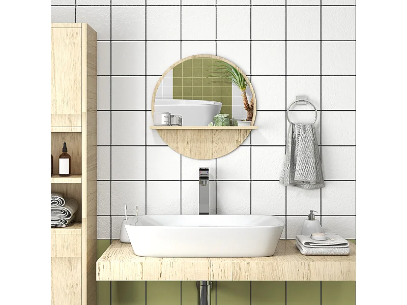 Specchio bagno rotondo con ripiano portaoggetti e 2 ganci