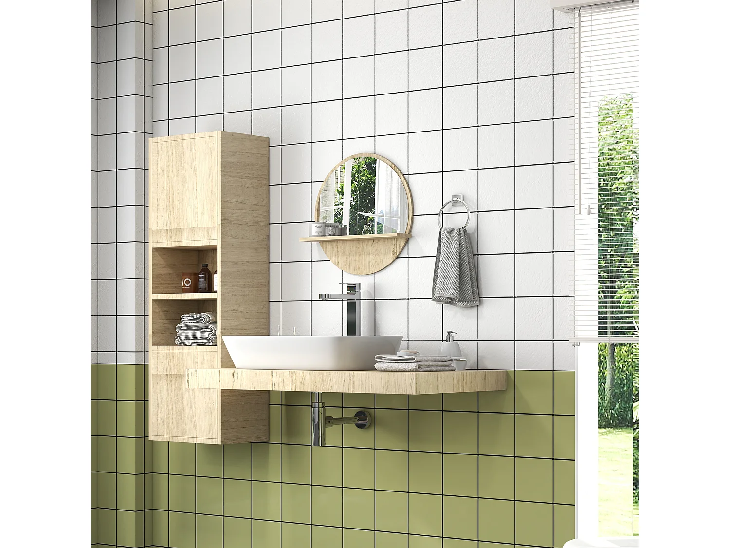 Specchio bagno rotondo con ripiano portaoggetti e 2 ganci