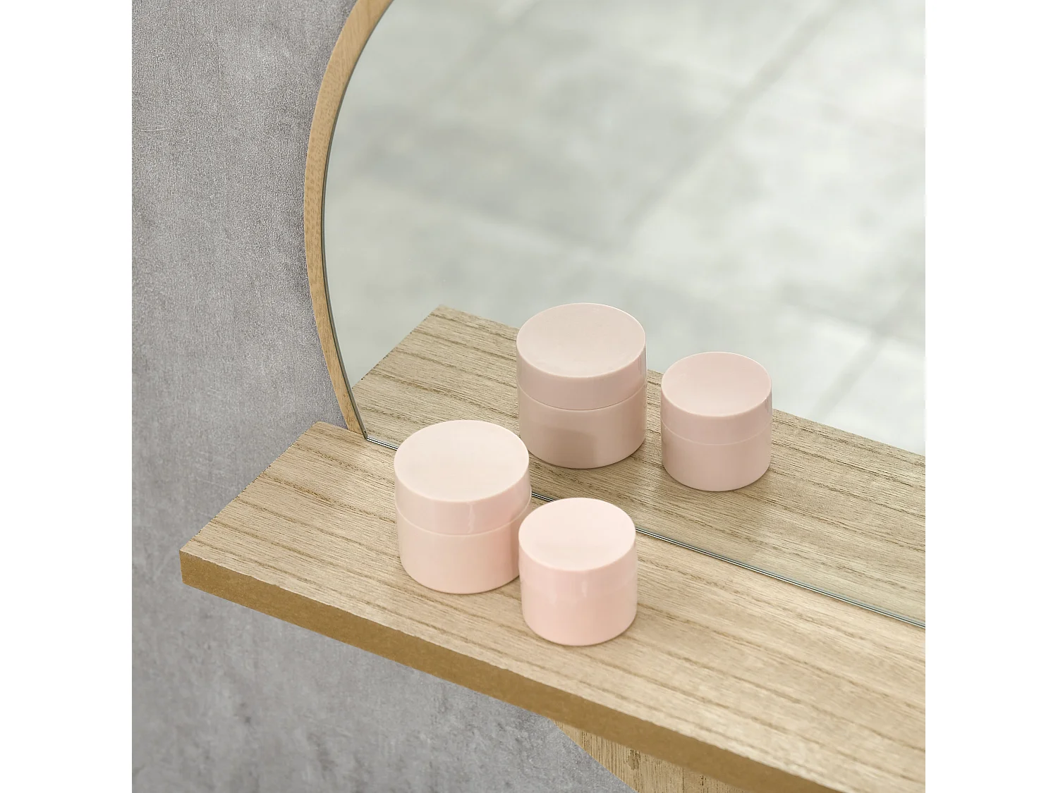 Specchio bagno rotondo con ripiano portaoggetti e 2 ganci