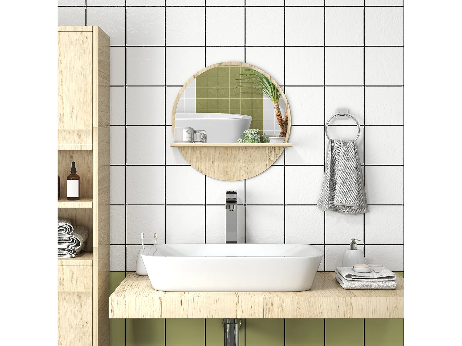 Specchio bagno rotondo con ripiano portaoggetti e 2 ganci