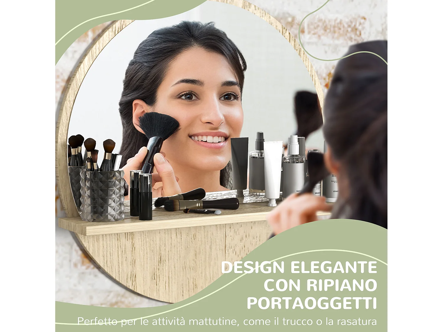 Specchio bagno rotondo con ripiano portaoggetti e 2 ganci