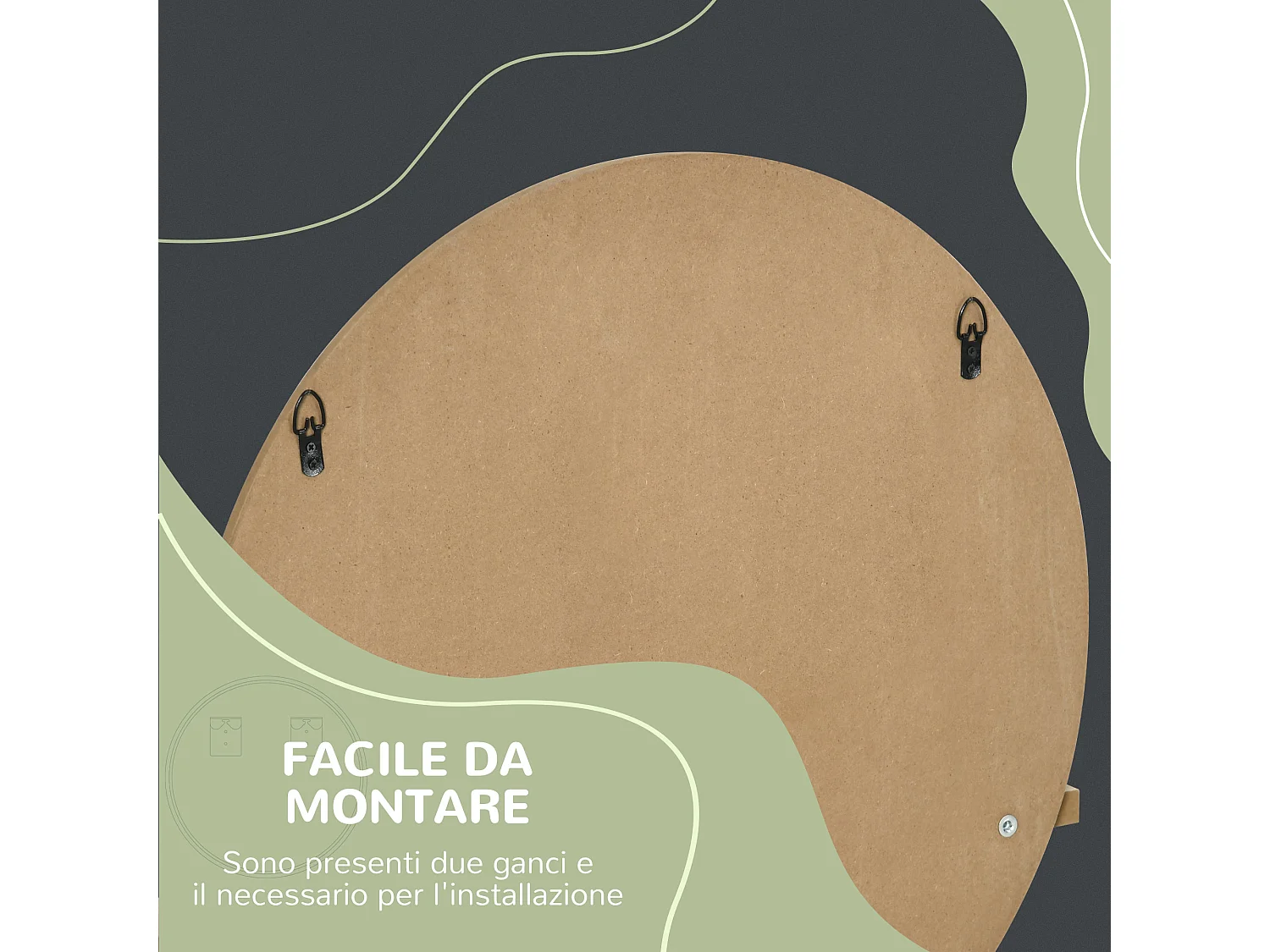 Specchio bagno rotondo con ripiano portaoggetti e 2 ganci