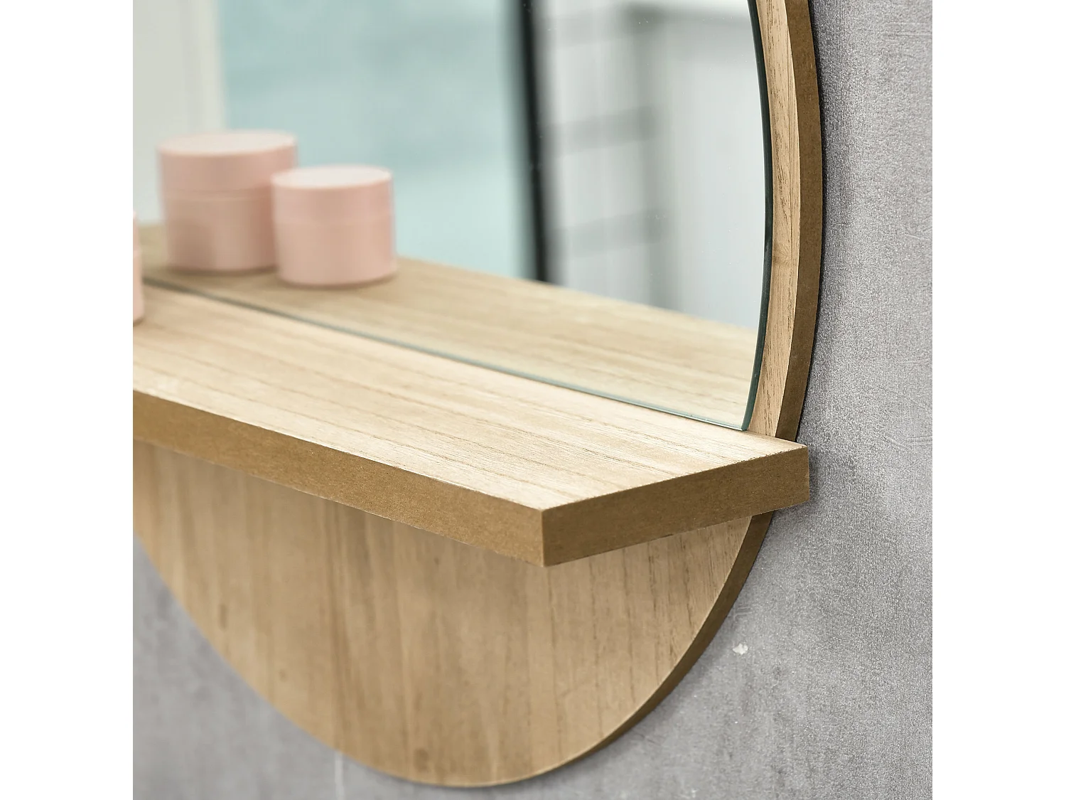 Specchio bagno rotondo con ripiano portaoggetti e 2 ganci