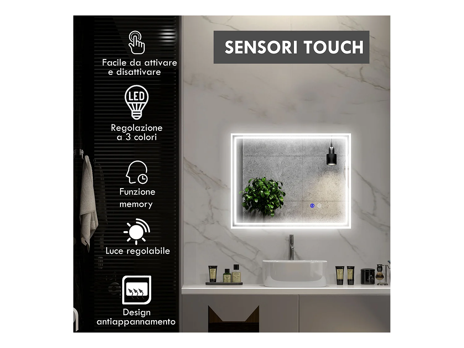 Specchio per bagno con luce led 3 livelli e antiappannamento 90x70cm