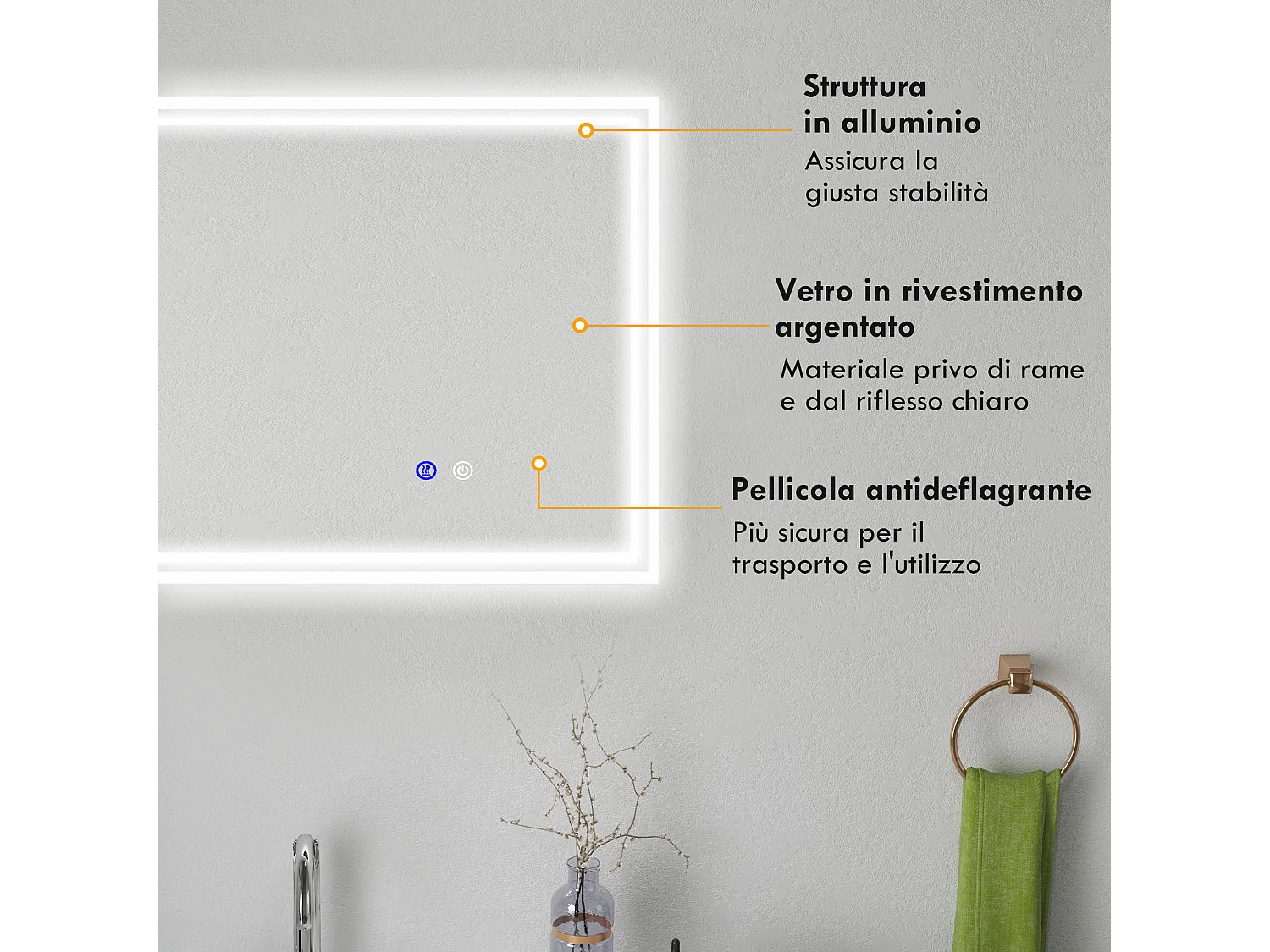 Specchio per bagno con luce led 3 livelli e antiappannamento 90x70cm