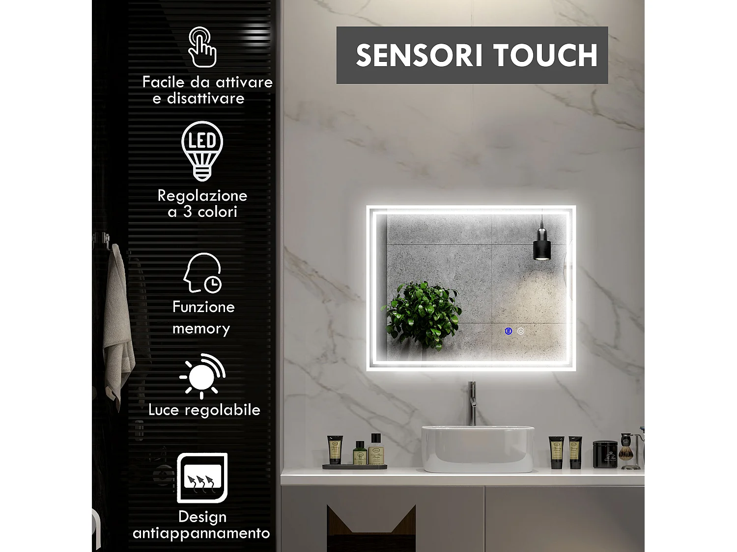 Specchio per bagno con luce led 3 livelli e antiappannamento 90x70cm