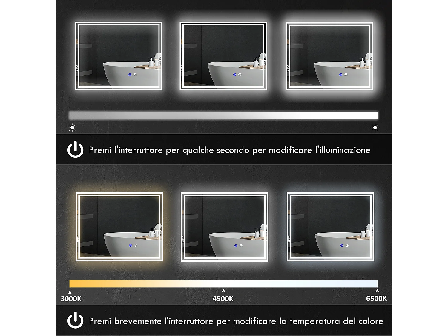 Specchio per bagno con luce led 3 livelli e antiappannamento 90x70cm