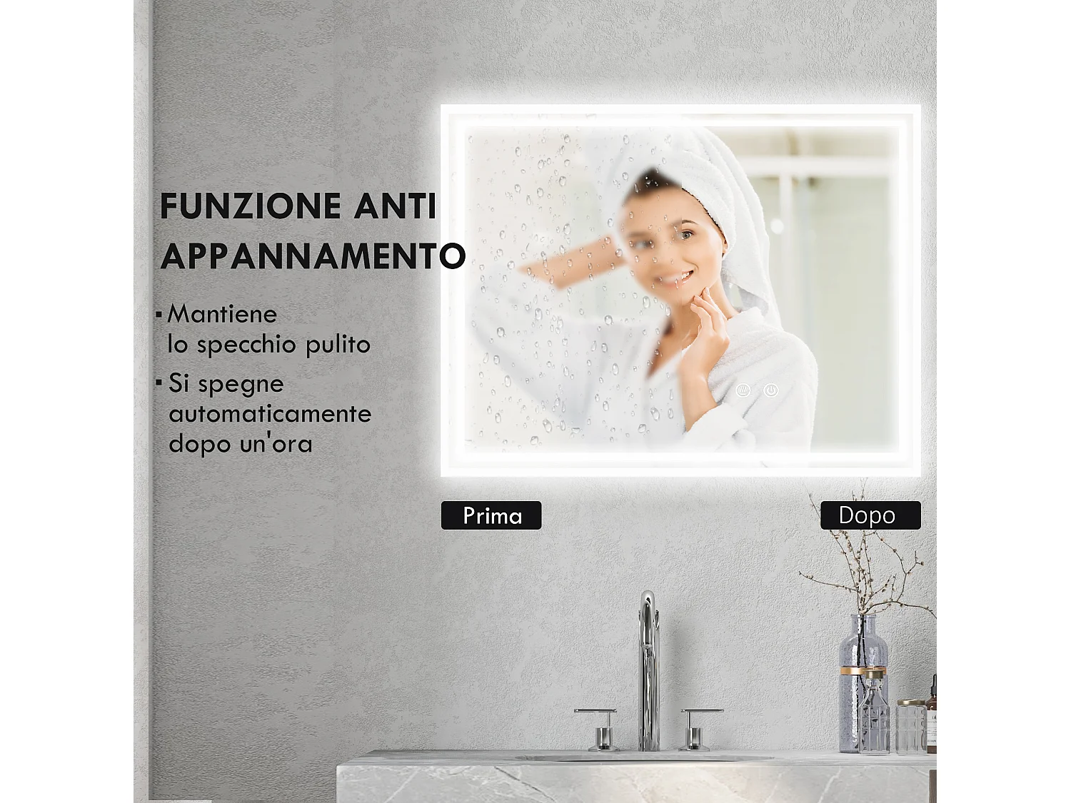 Specchio per bagno con luce led 3 livelli e antiappannamento 90x70cm