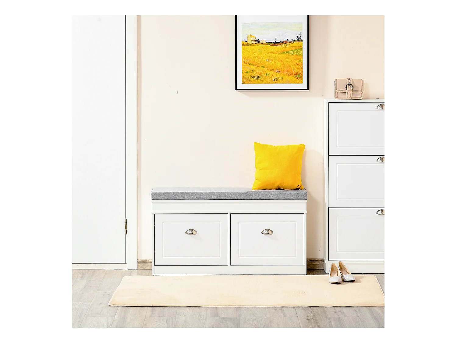 Panca scarpiera con cuscino 2 cassetti per 8 scarpe 104x24x55cm
