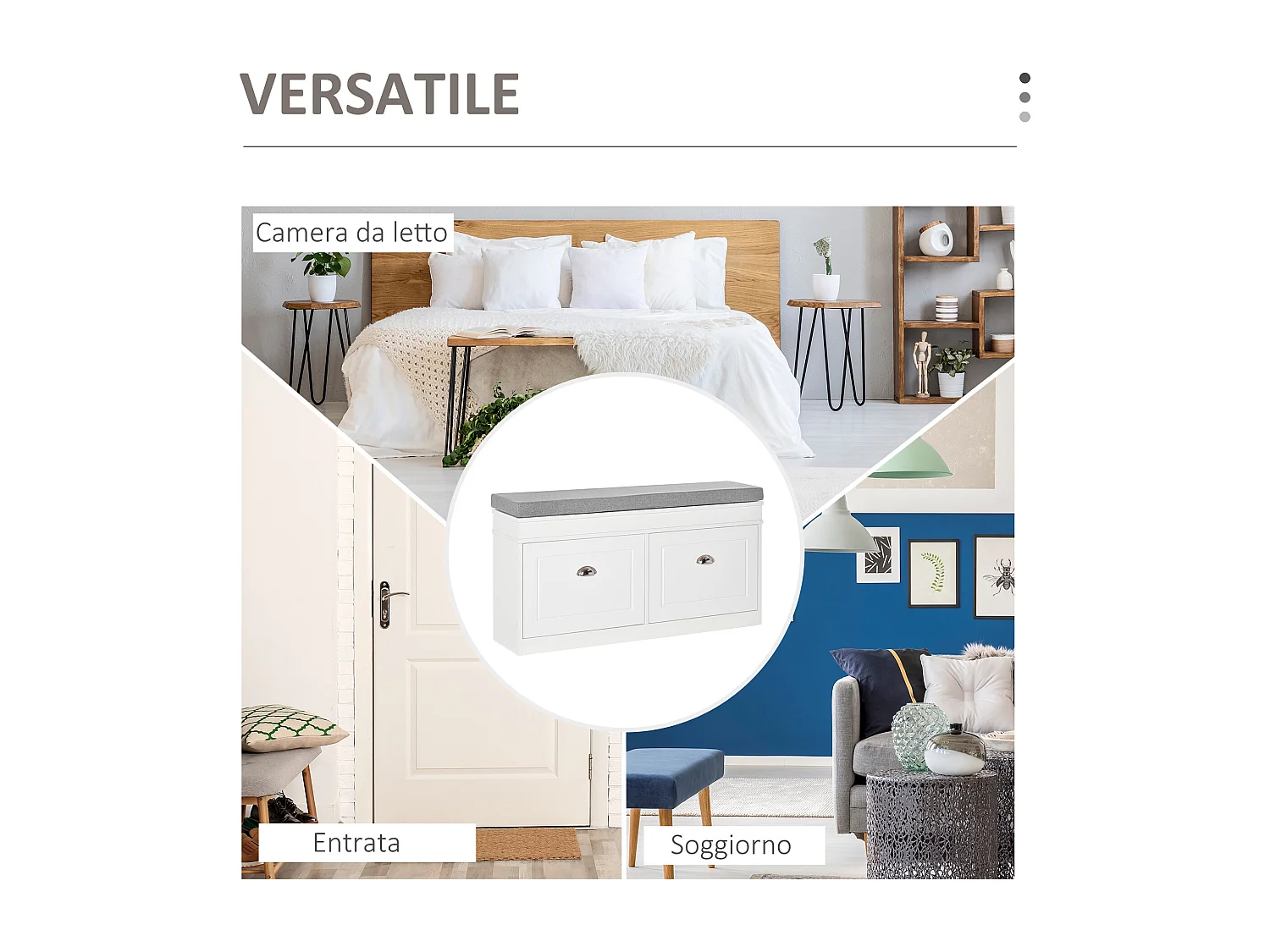 Panca scarpiera con cuscino 2 cassetti per 8 scarpe 104x24x55cm