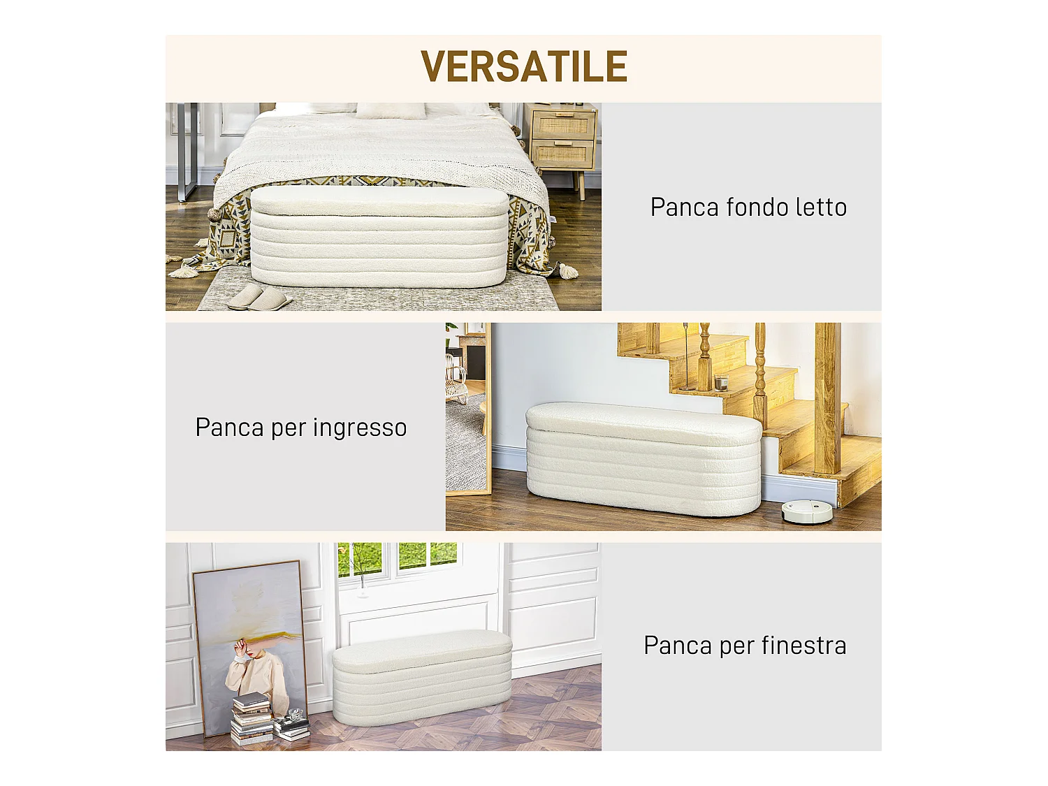 Panca fondo letto con contenitore in tessuto teddy bianco crema