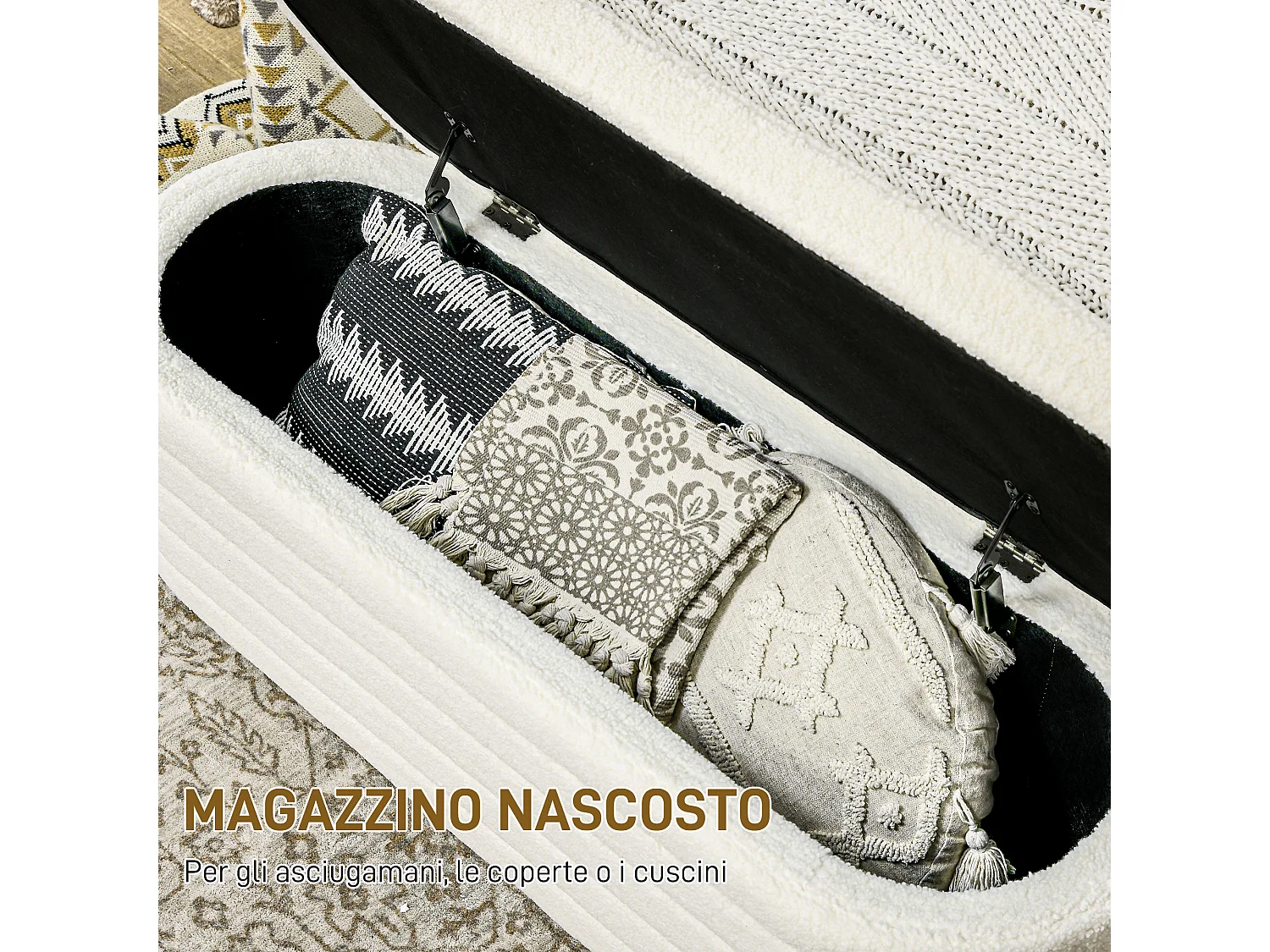 Panca fondo letto con contenitore in tessuto teddy bianco crema