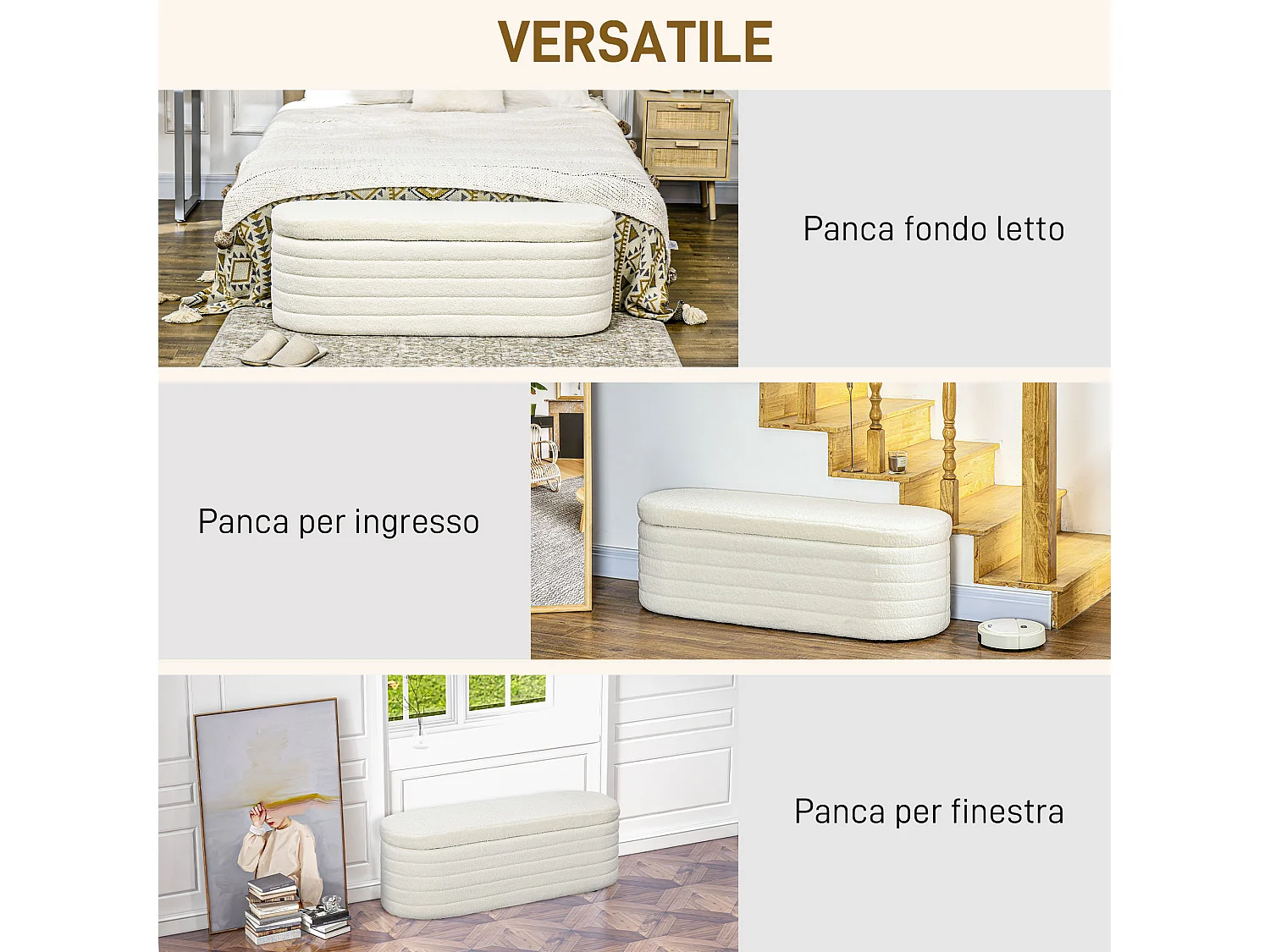 Panca fondo letto con contenitore in tessuto teddy bianco crema