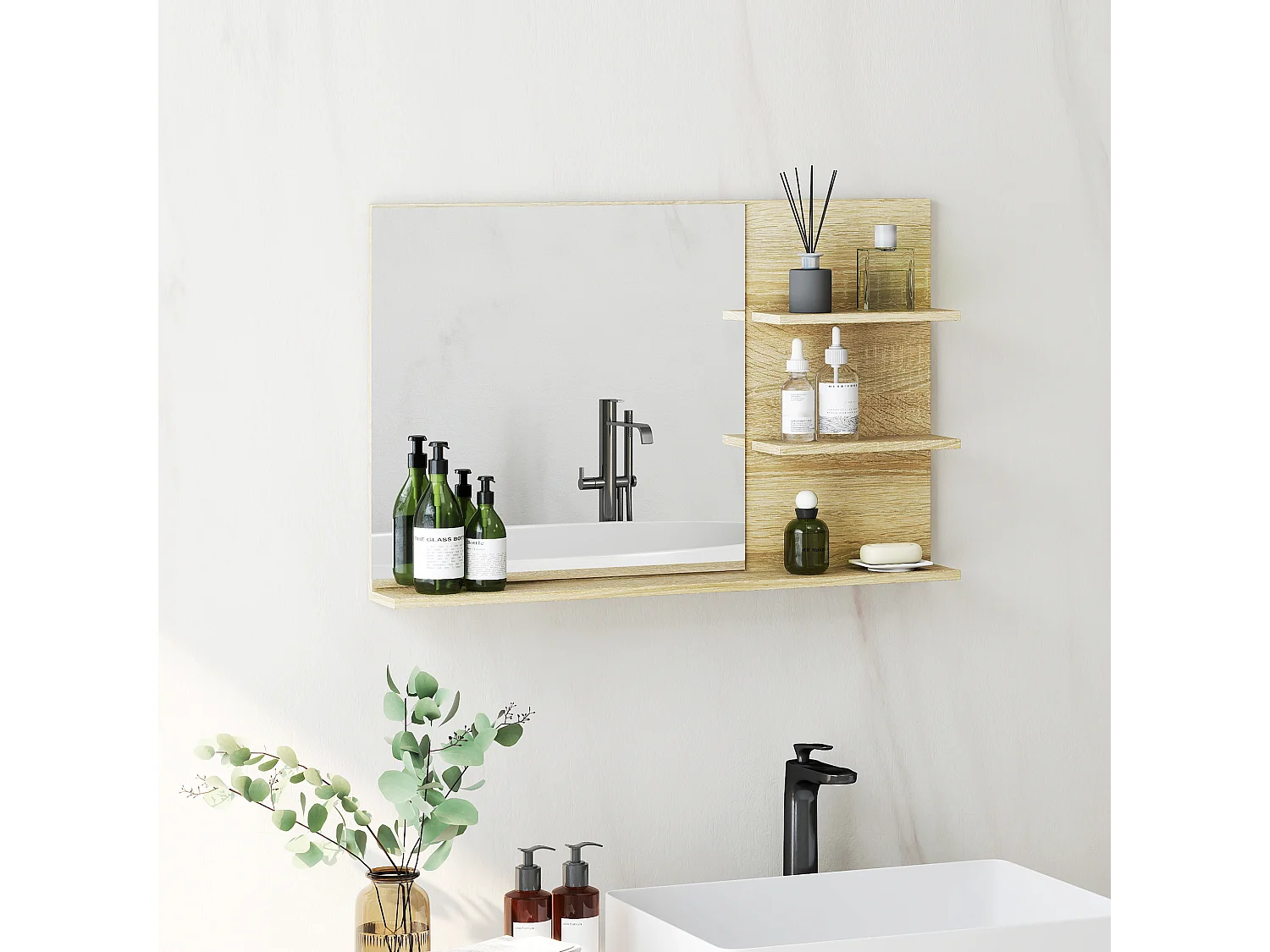 Specchio da bagno con 2 ripiani laterali e ripiano inferiore legno