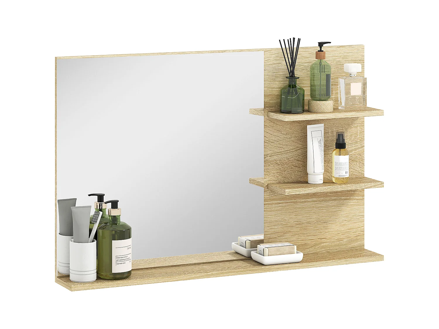 Specchio da bagno con 2 ripiani laterali e ripiano inferiore legno