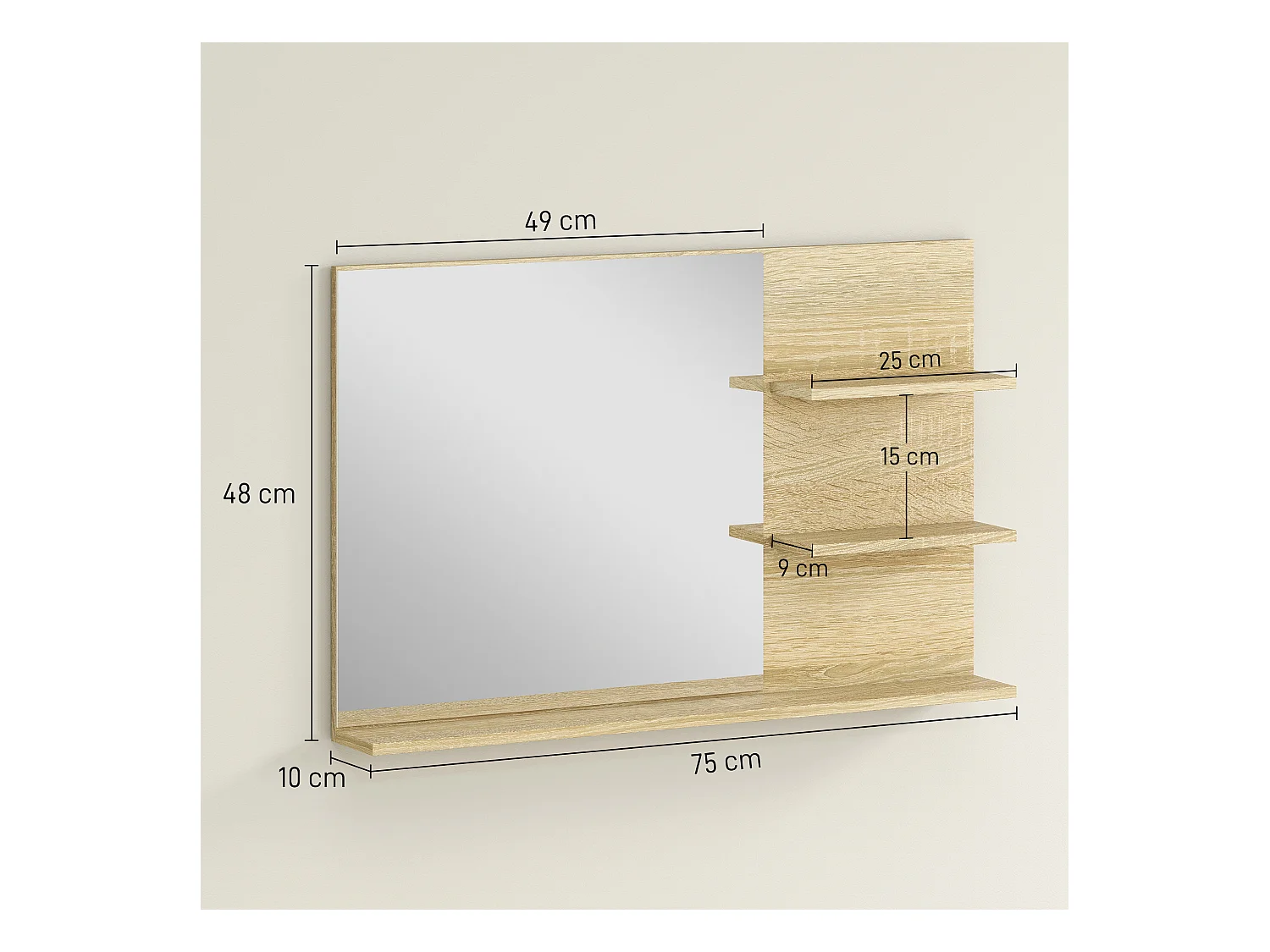 Specchio da bagno con 2 ripiani laterali e ripiano inferiore legno