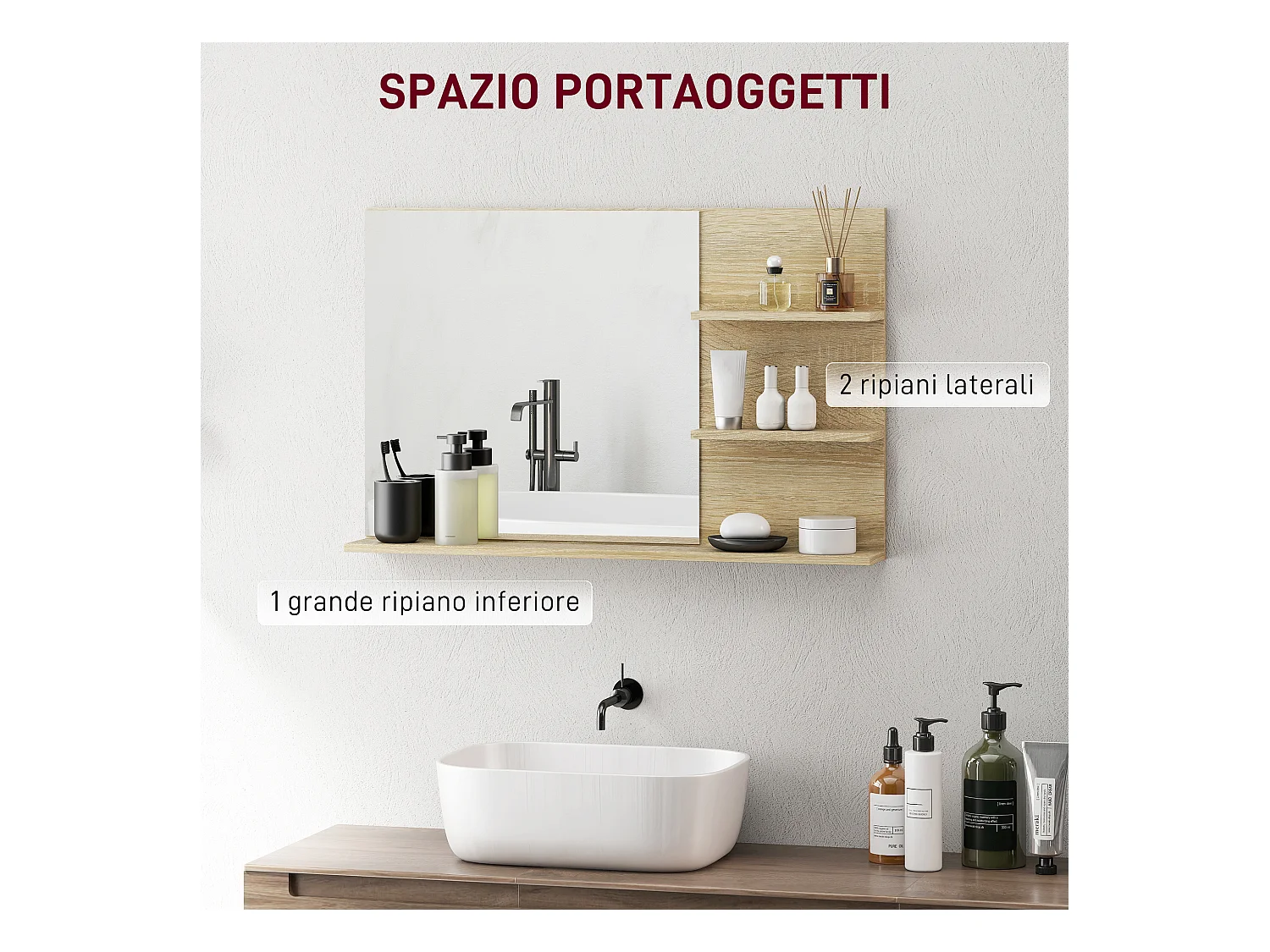 Specchio da bagno con 2 ripiani laterali e ripiano inferiore legno