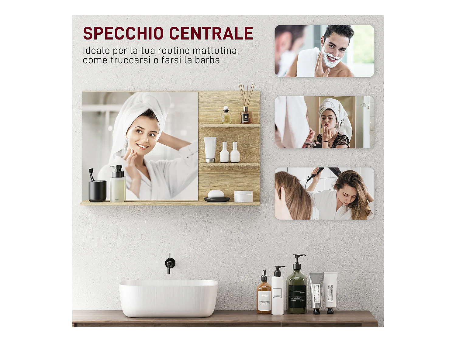 Specchio da bagno con 2 ripiani laterali e ripiano inferiore legno