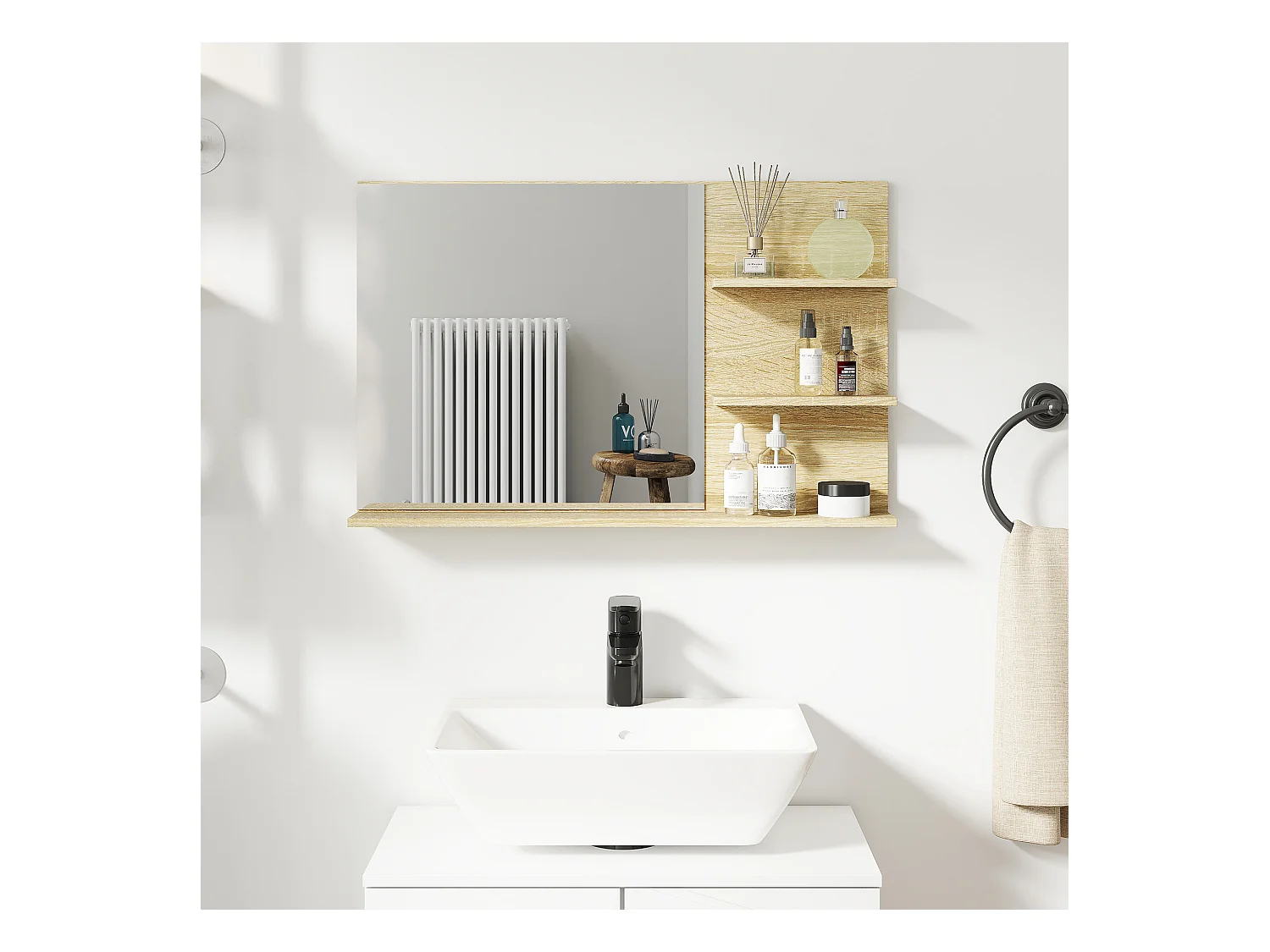 Specchio da bagno con 2 ripiani laterali e ripiano inferiore legno