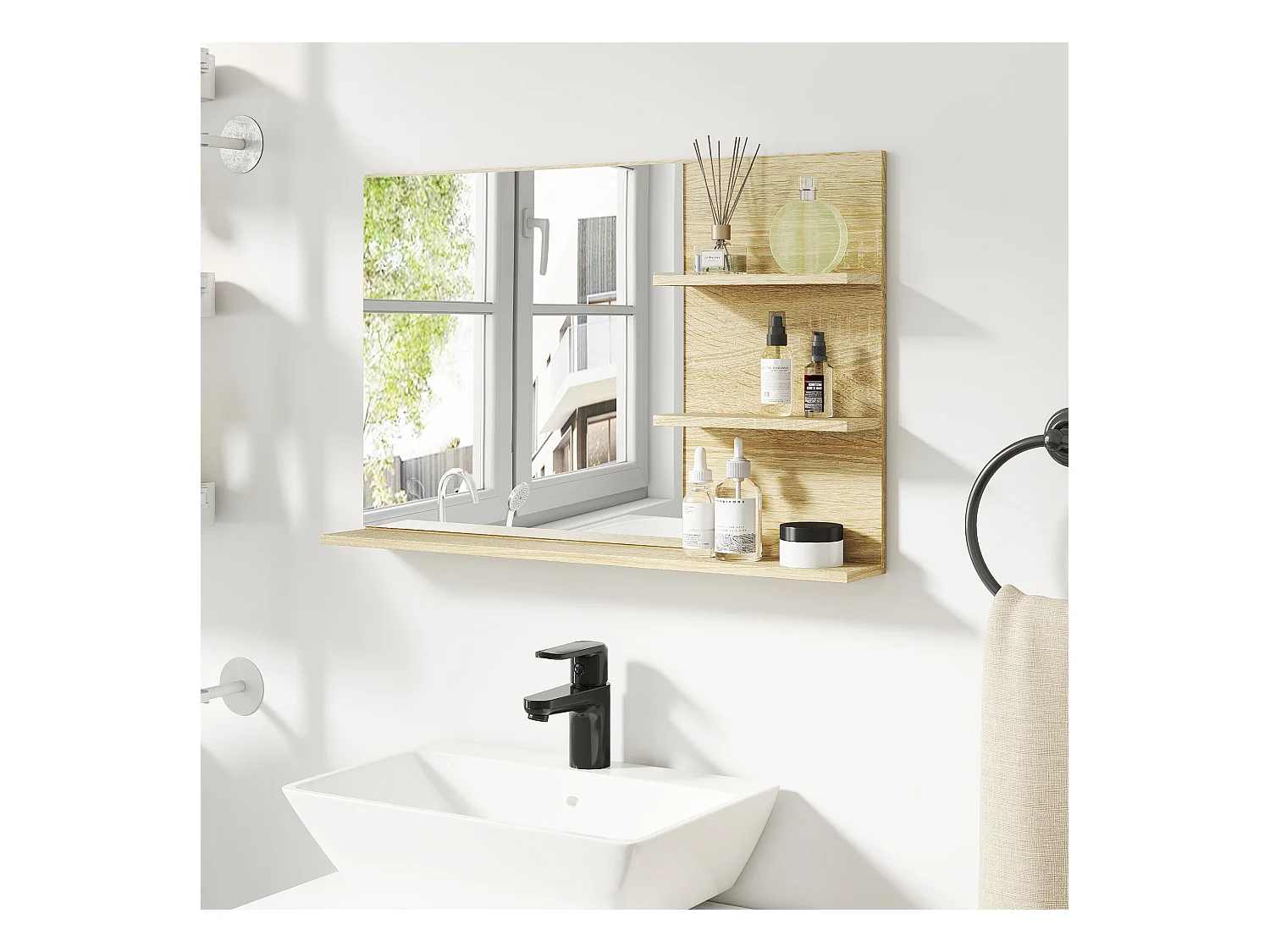 Specchio da bagno con 2 ripiani laterali e ripiano inferiore legno