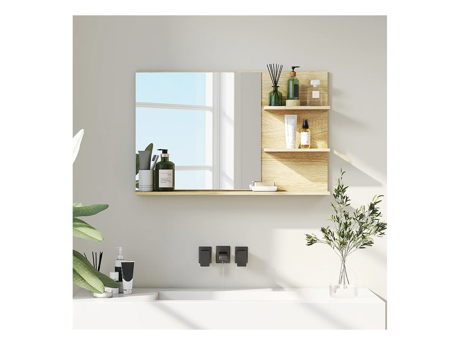 Specchio da bagno con 2 ripiani laterali e ripiano inferiore legno