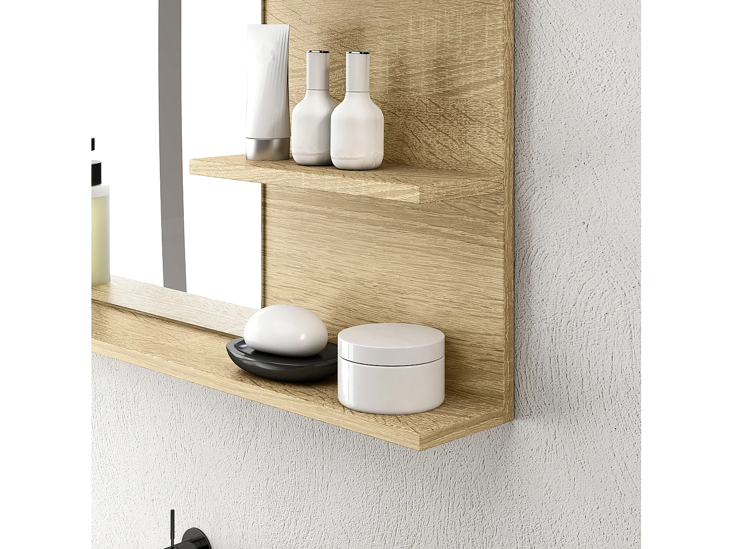 Specchio da bagno con 2 ripiani laterali e ripiano inferiore legno