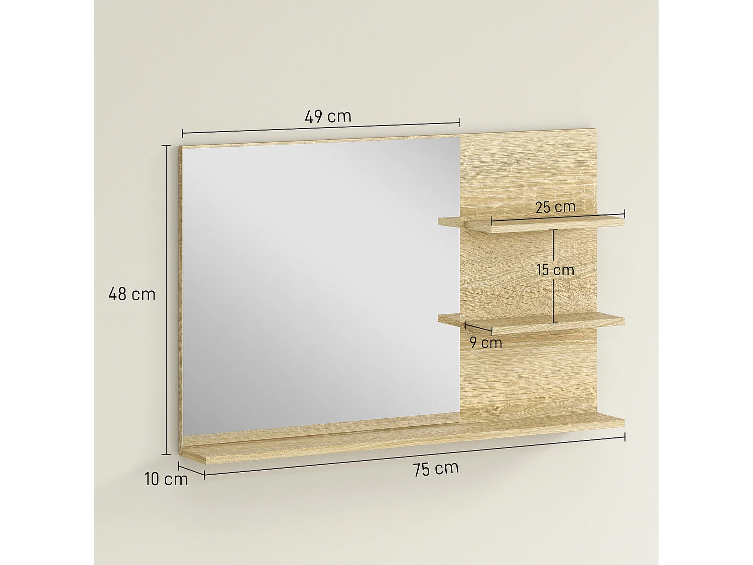 Specchio da bagno con 2 ripiani laterali e ripiano inferiore legno