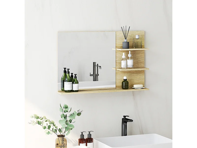 Specchio da bagno con 2 ripiani laterali e ripiano inferiore legno