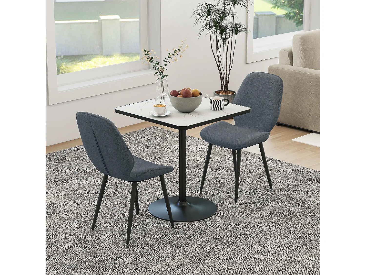 Set 2 sedie da pranzo con schienale ricurvo effetto lino grigio e nero