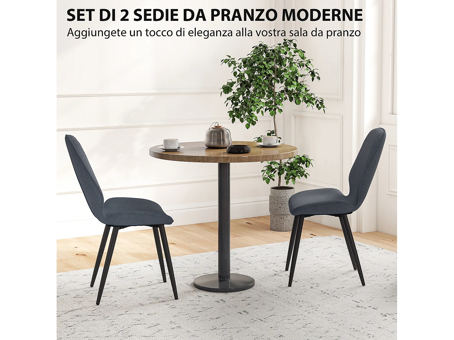 Set 2 sedie da pranzo con schienale ricurvo effetto lino grigio e nero