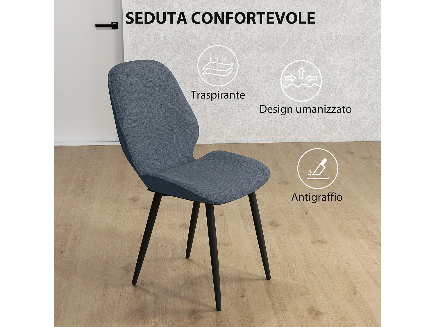 Set 2 sedie da pranzo con schienale ricurvo effetto lino grigio e nero