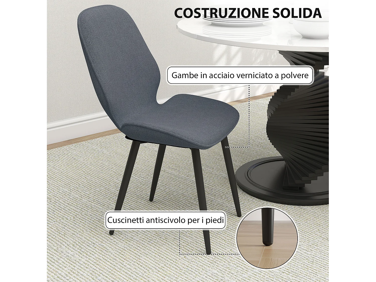 Set 2 sedie da pranzo con schienale ricurvo effetto lino grigio e nero