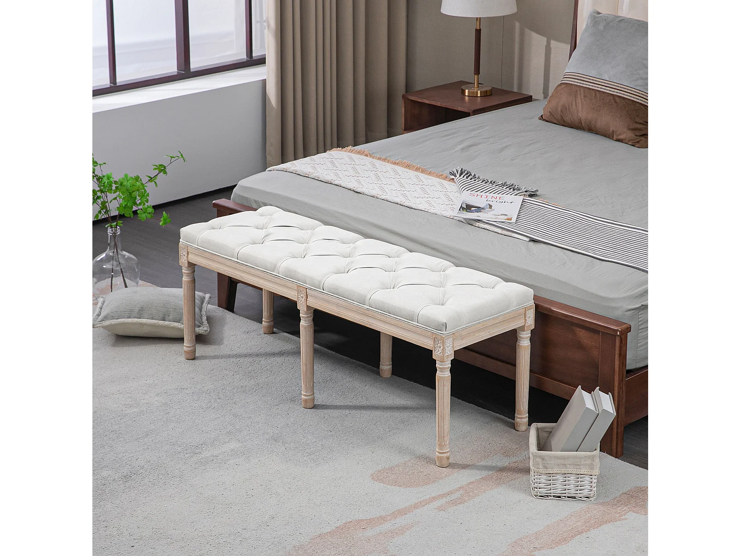 Panca fondoletto imbottita vintage in tessuto e legno crema
