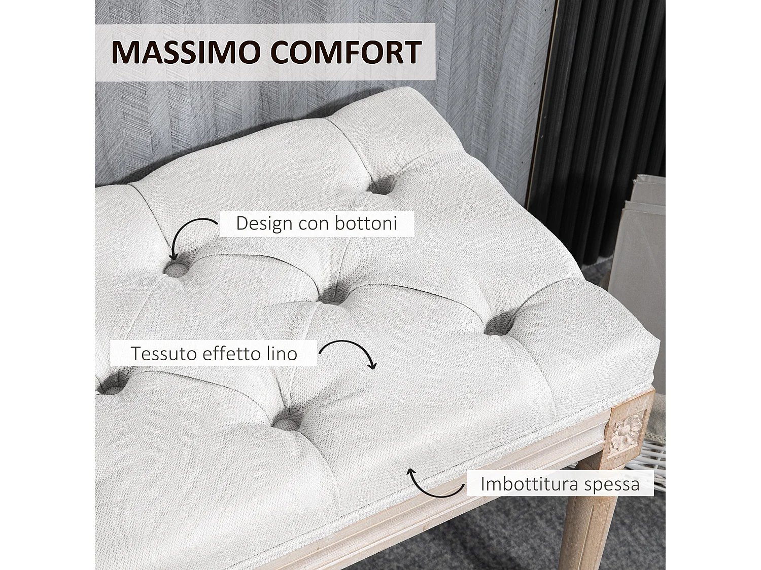 Panca fondoletto imbottita vintage in tessuto e legno crema