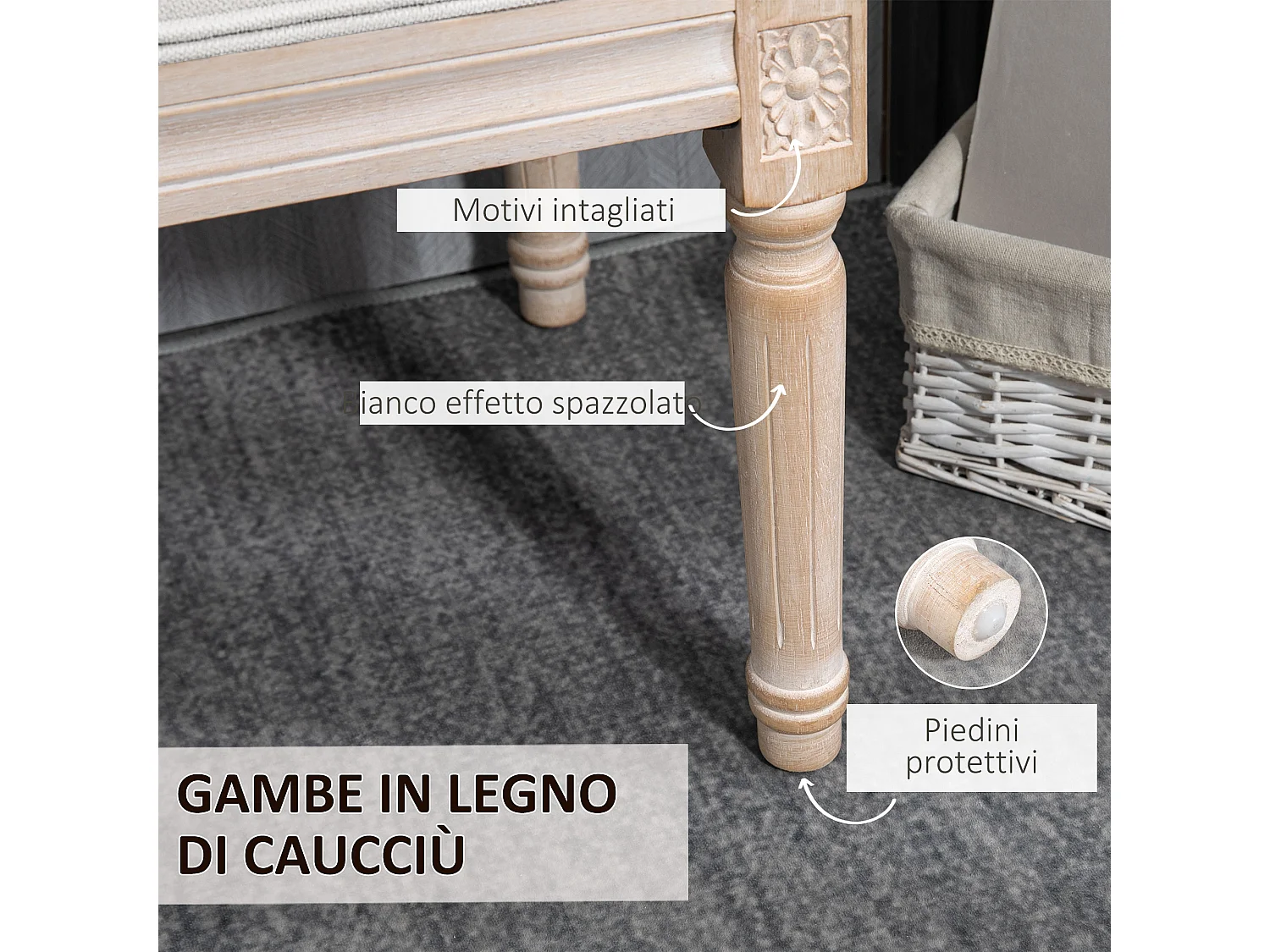 Panca fondoletto imbottita vintage in tessuto e legno crema
