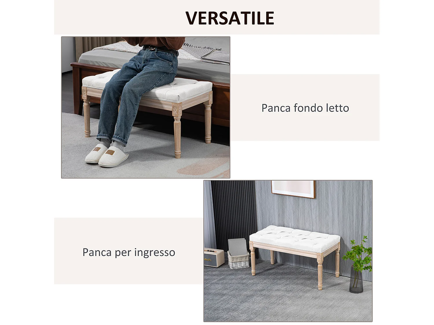 Panca fondoletto imbottita vintage in tessuto e legno crema