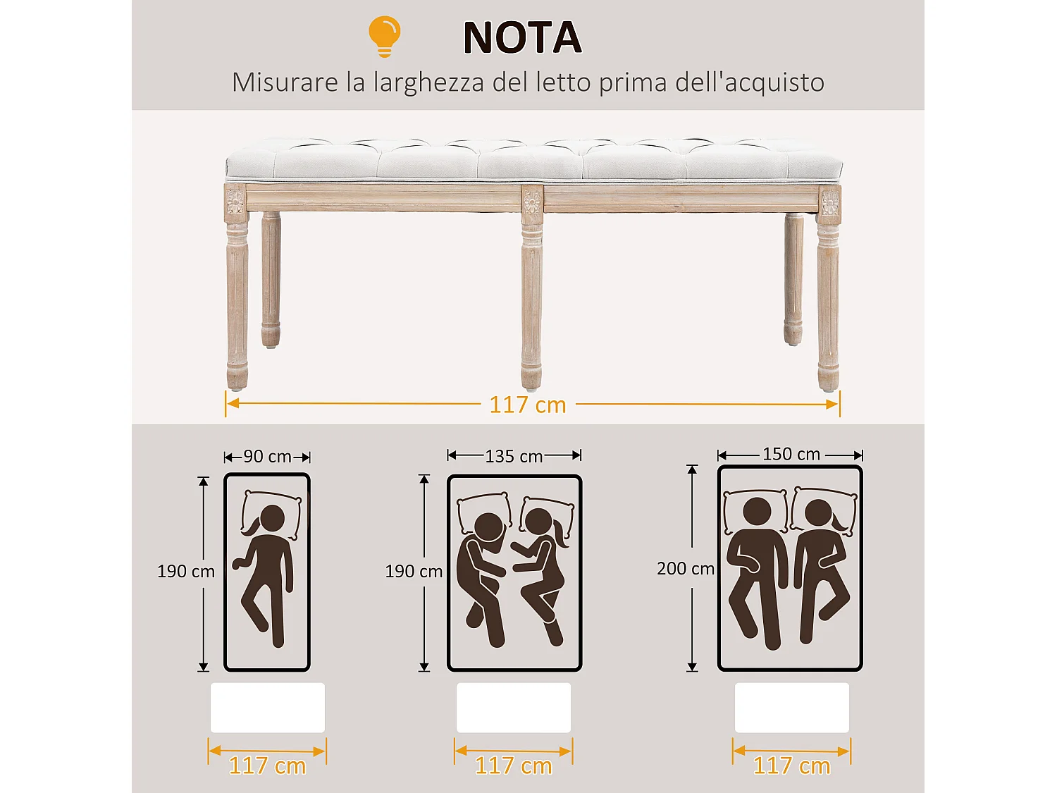 Panca fondoletto imbottita vintage in tessuto e legno crema