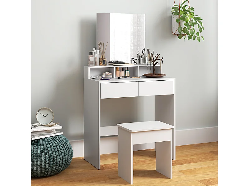 Tavolo da trucco con specchio, 3 ripiani e 2 cassetti in legno bianco