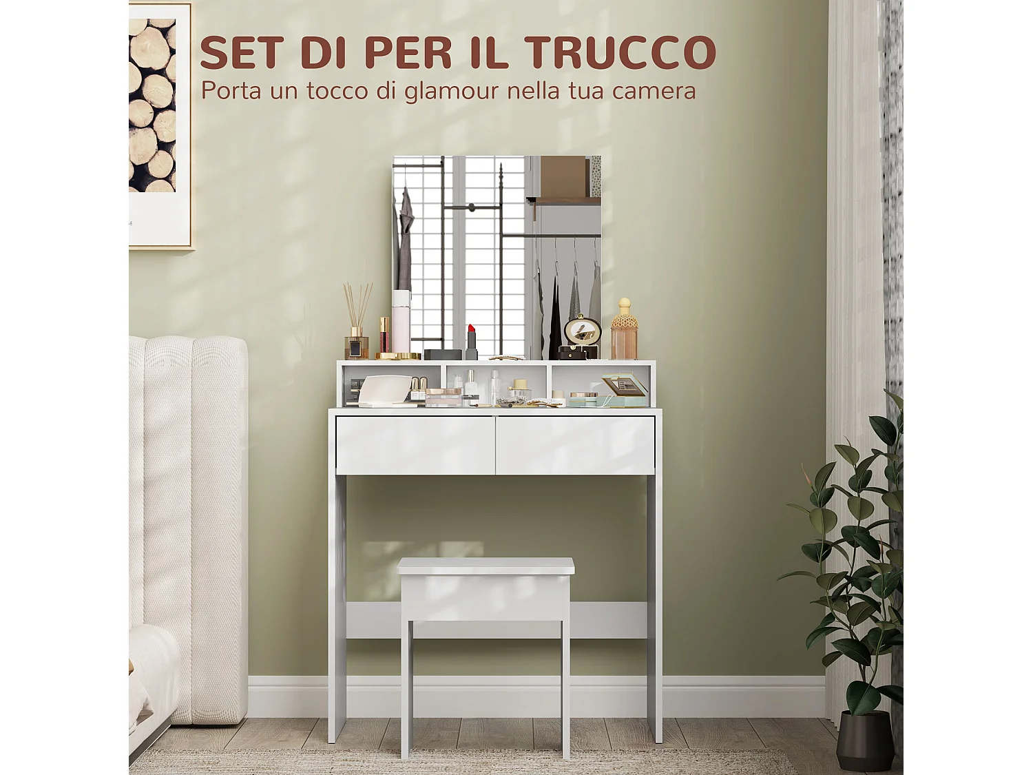 Tavolo da trucco con specchio, 3 ripiani e 2 cassetti in legno bianco
