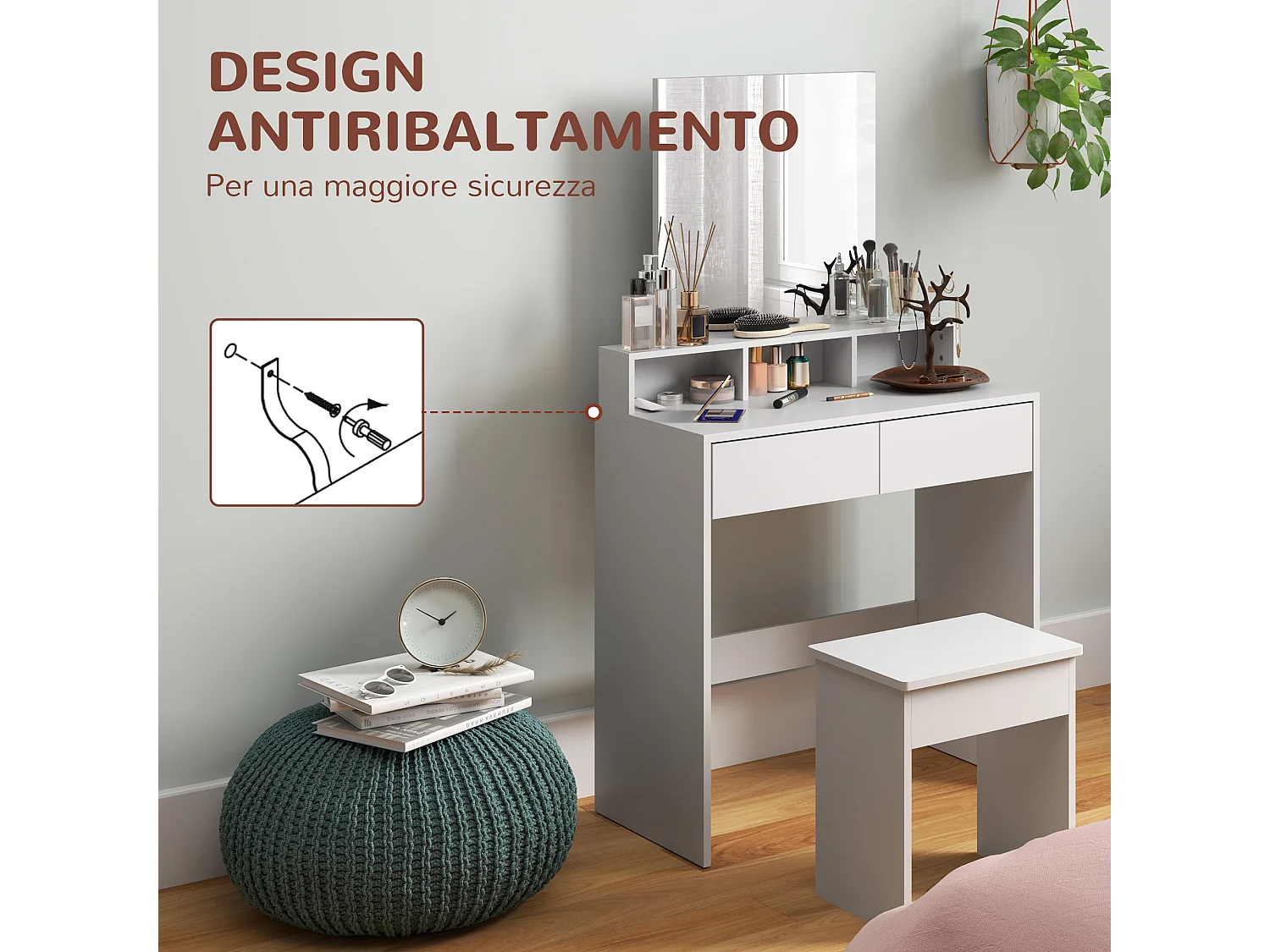 Tavolo da trucco con specchio, 3 ripiani e 2 cassetti in legno bianco