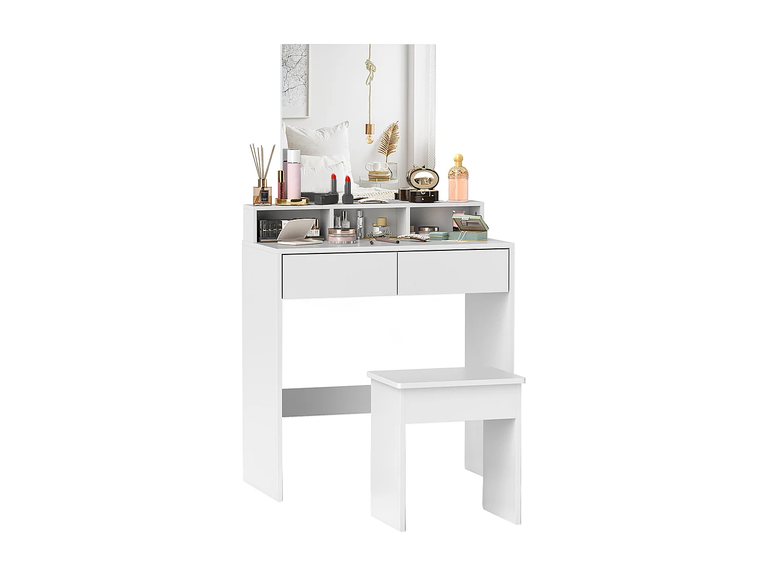 Tavolo da trucco con specchio, 3 ripiani e 2 cassetti in legno bianco