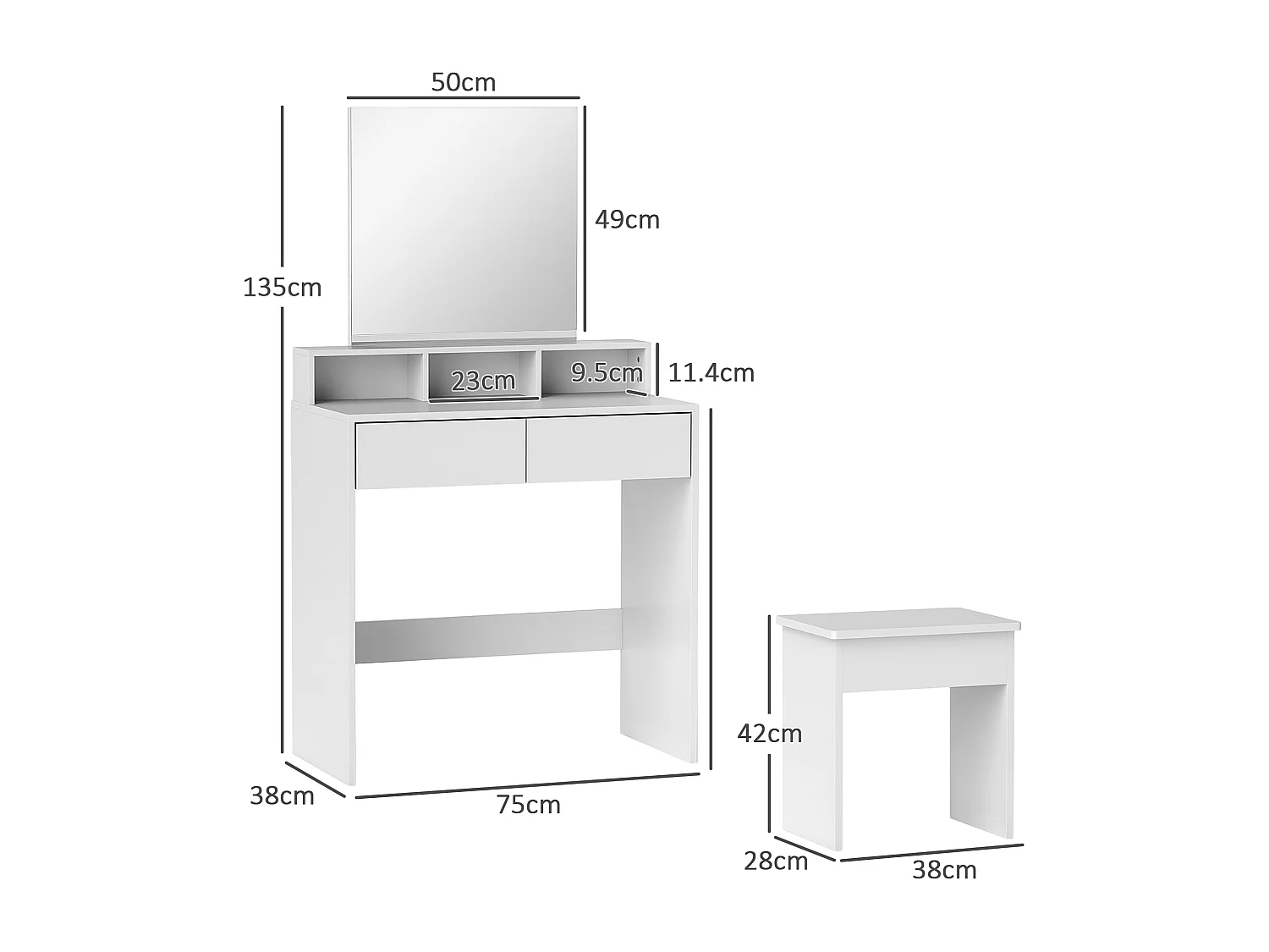 Tavolo da trucco con specchio, 3 ripiani e 2 cassetti in legno bianco