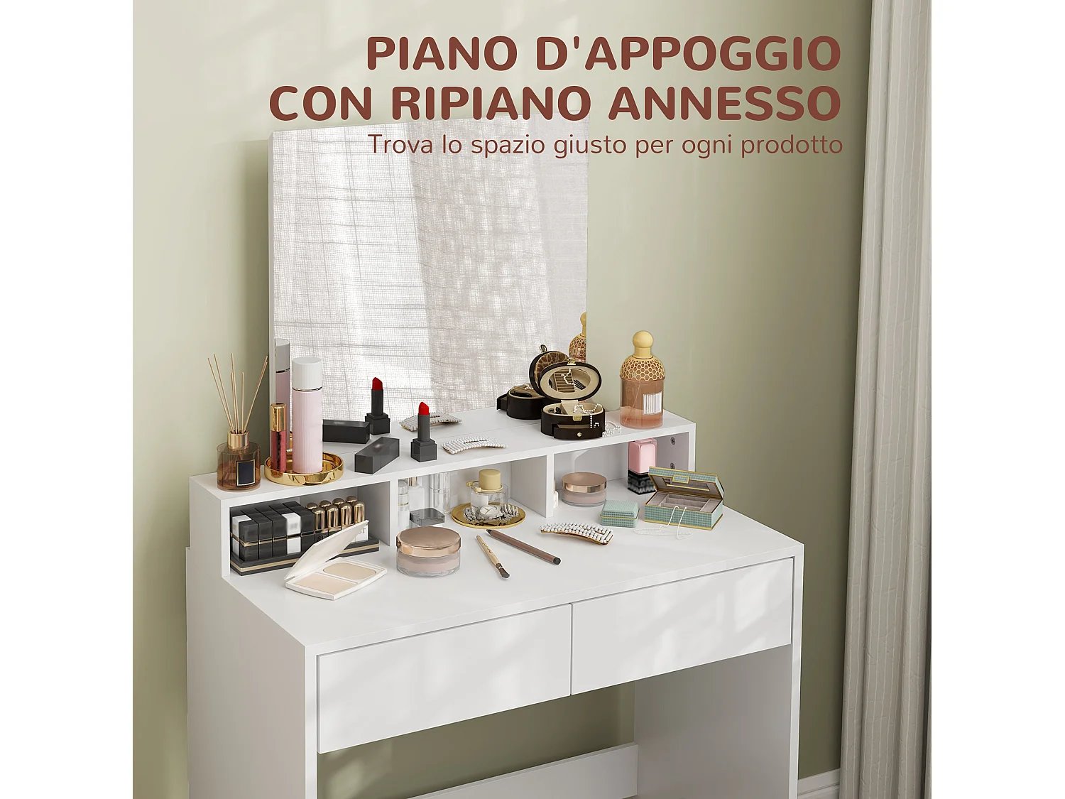 Tavolo da trucco con specchio, 3 ripiani e 2 cassetti in legno bianco