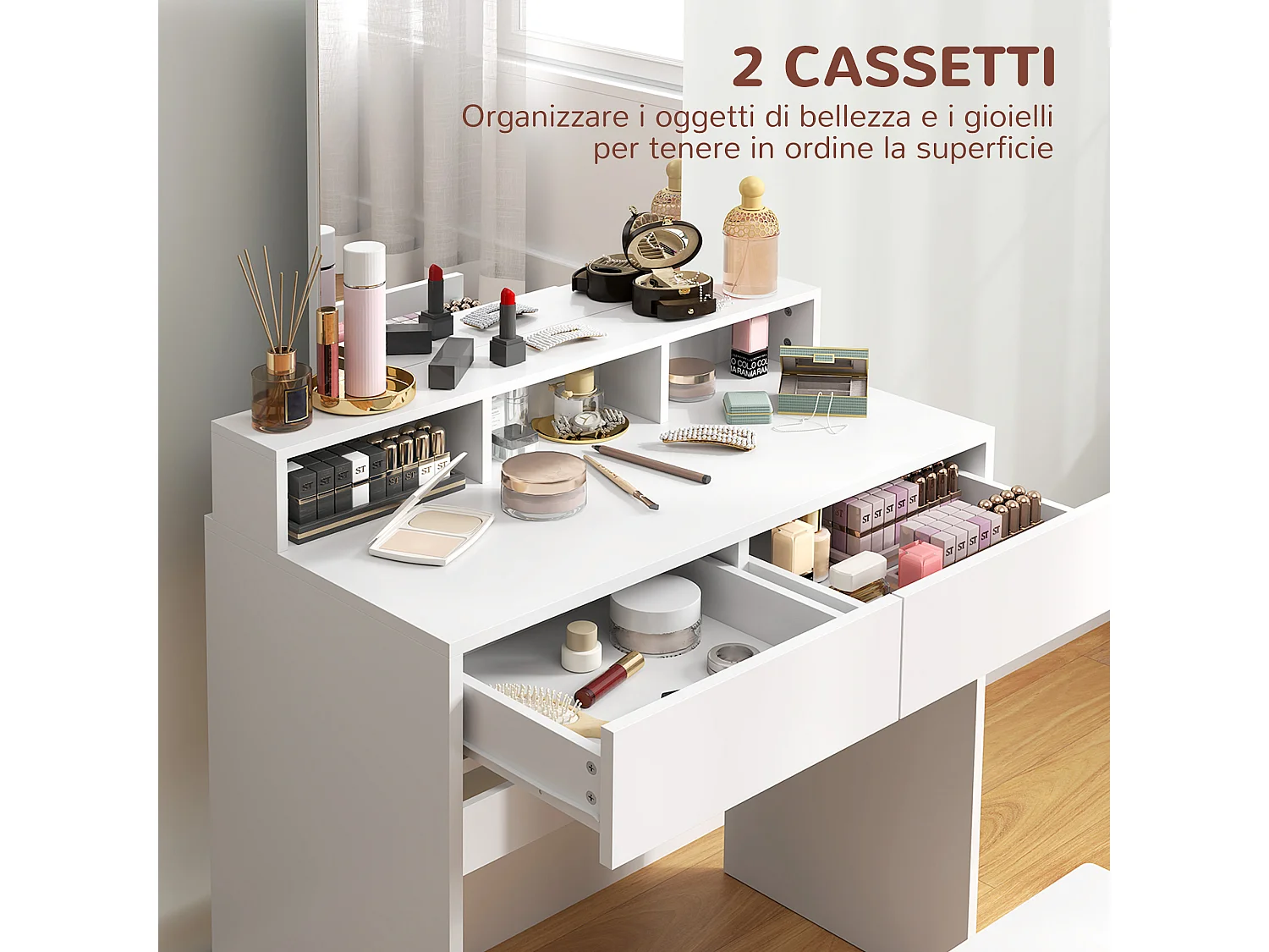 Tavolo da trucco con specchio, 3 ripiani e 2 cassetti in legno bianco