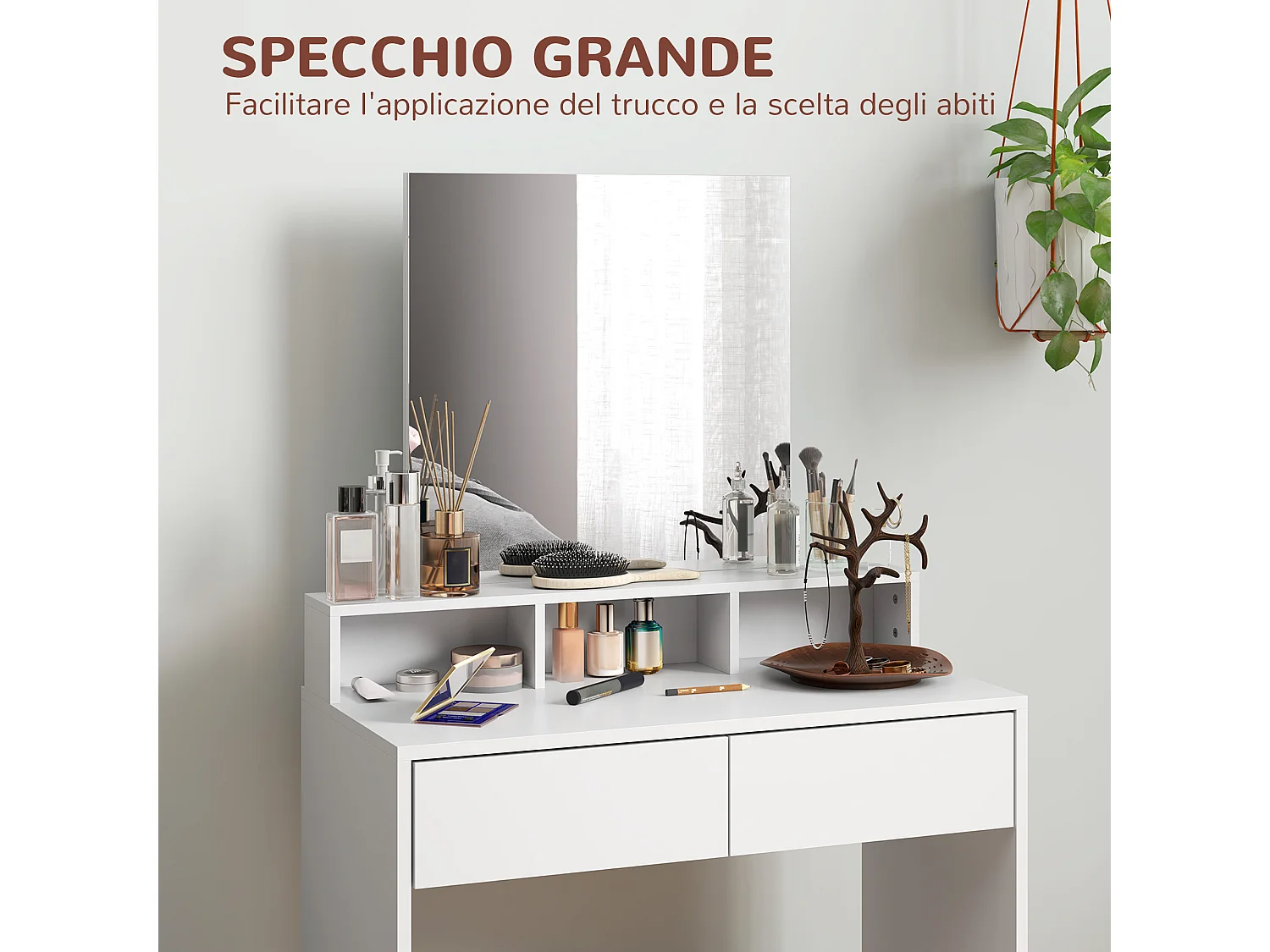 Tavolo da trucco con specchio, 3 ripiani e 2 cassetti in legno bianco