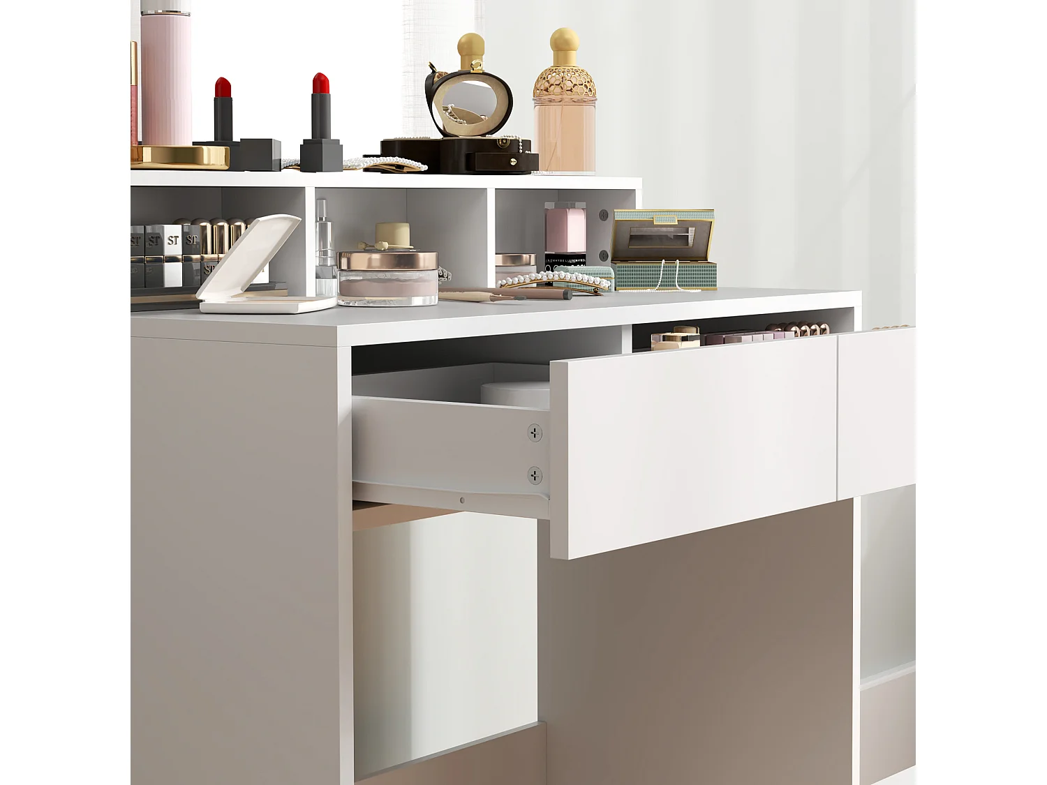 Tavolo da trucco con specchio, 3 ripiani e 2 cassetti in legno bianco